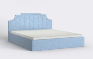 Niebieskie łóżko welurowe z materacem, tapicerowane, pinezki, glamour.