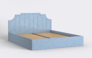 Łóżko sypialniane glamour z pinezkami, tapicerowane, niebieskie.