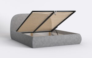 Szare łóżko tapicerowane z pojemnikiem na pościel, stelaż metalowy.