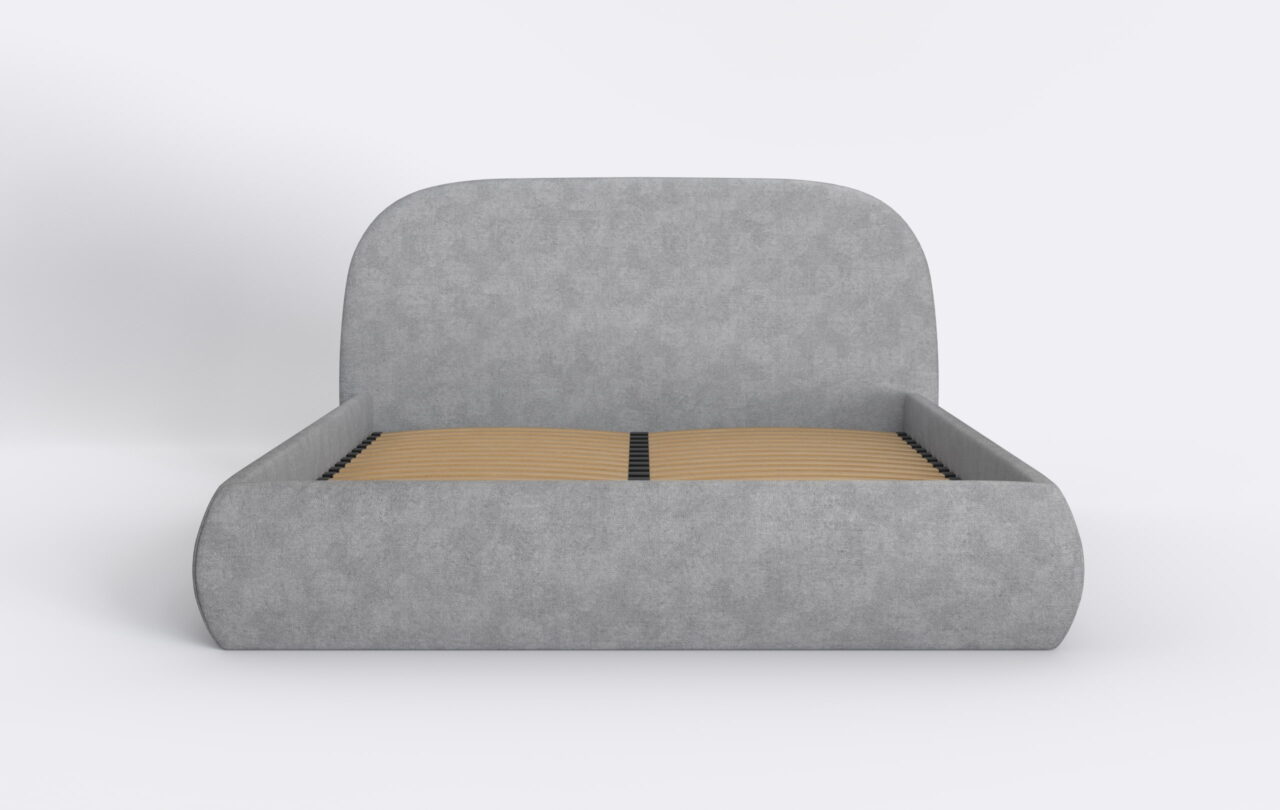 Modne szare łóżko tapicerowane, z pojemnikiem na pościel.