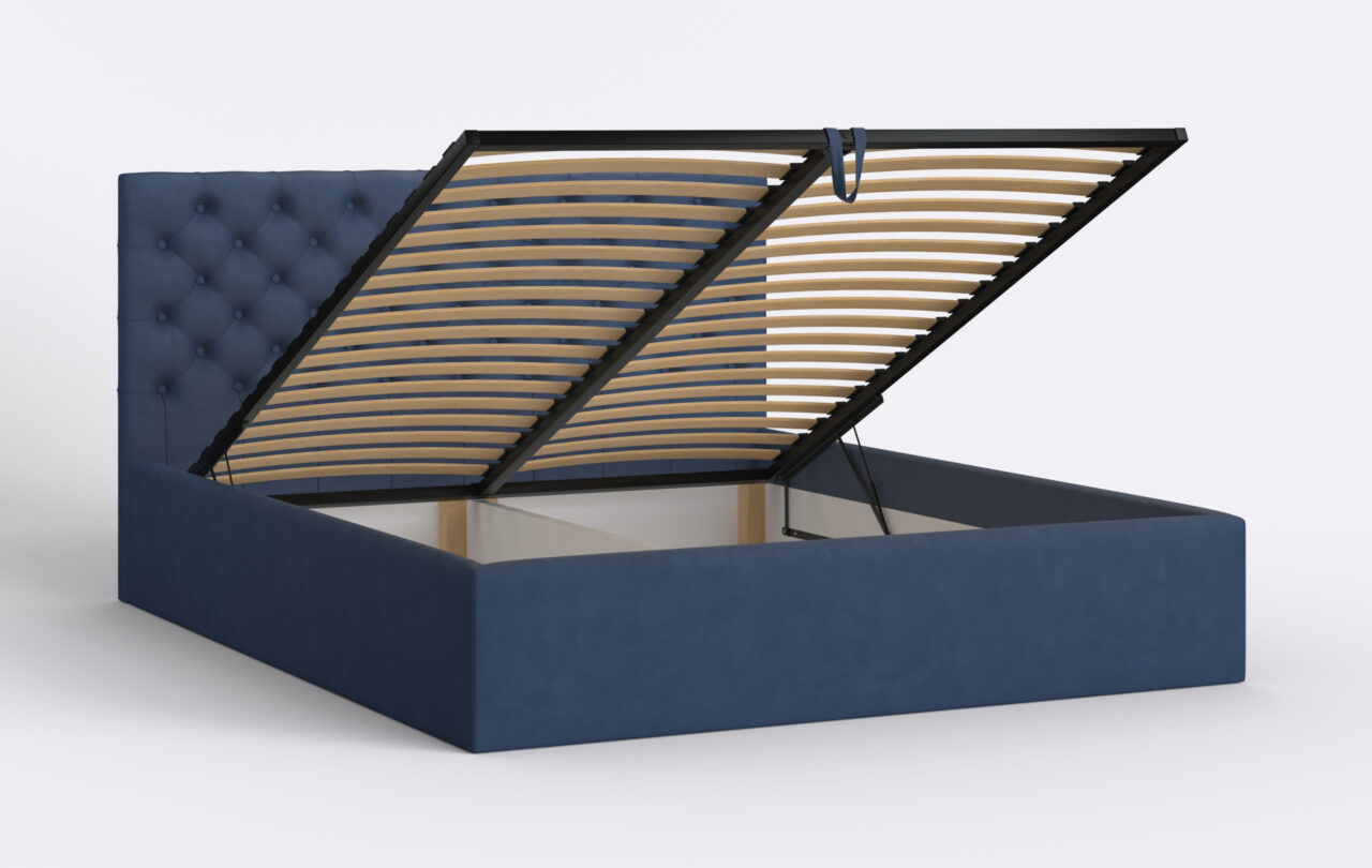 Łóżko pikowane z pojemnikiem na pościel i podnoszonym stelażem.