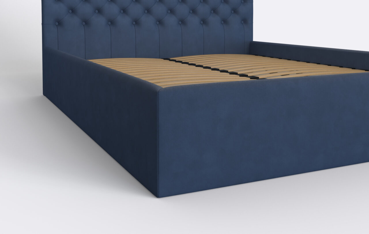 Welurowe łóżko w kolorze granatowym, glamour.