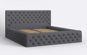 Ciemnie łóżko z pikowanym zagłówkiem i bokami.