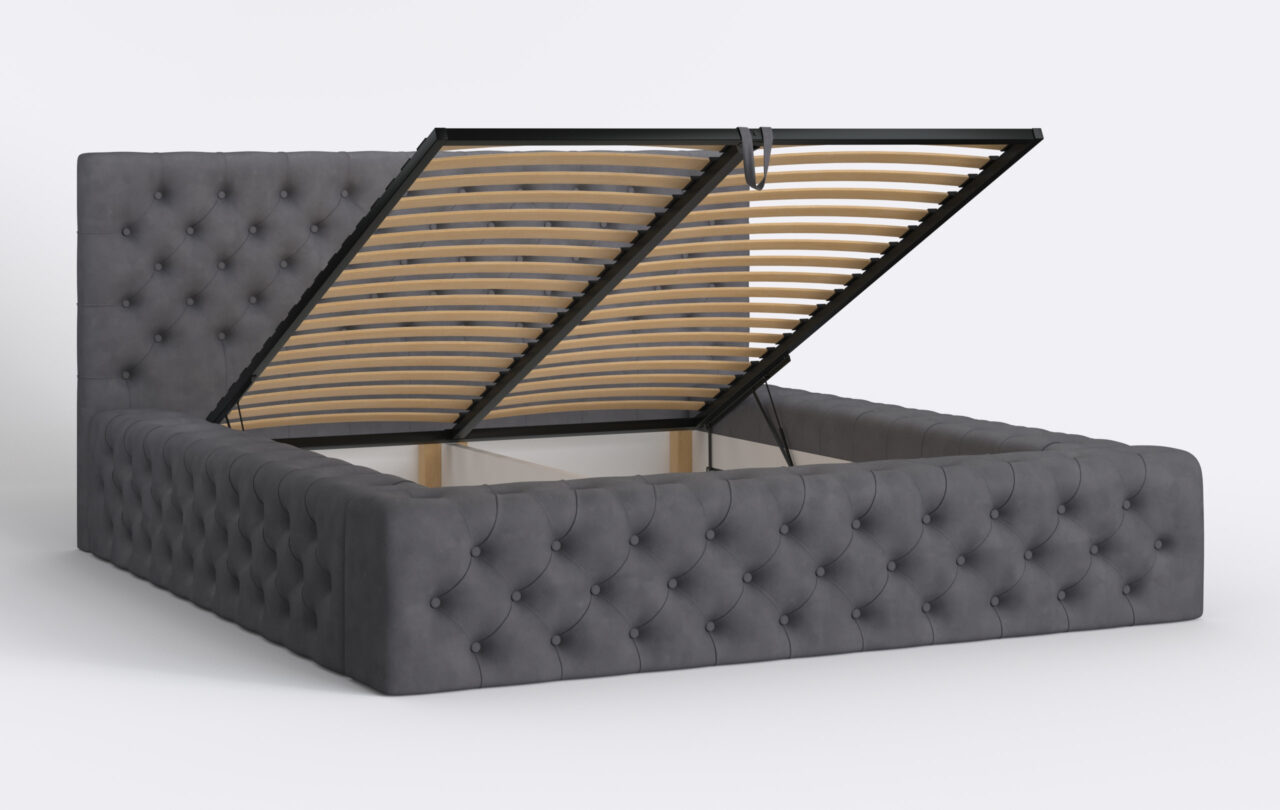 Pikowane łóżko tapicerowane z podnoszonym stelażem.