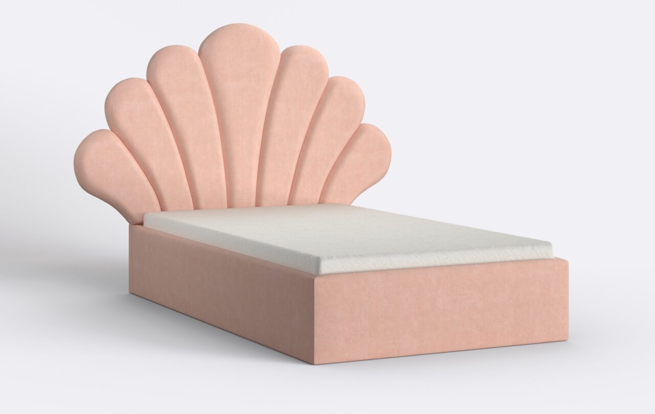 Welurowe łóżko młodzieżowe, z pojemnikiem na pościel i podnoszonym stelażem.