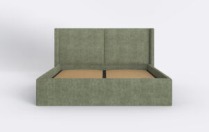 Minimalistyczne łóżko tapicerowane w zielonym kolorze, idealne do nowoczesnej i skromnej sypialni, łóżko z uszami.