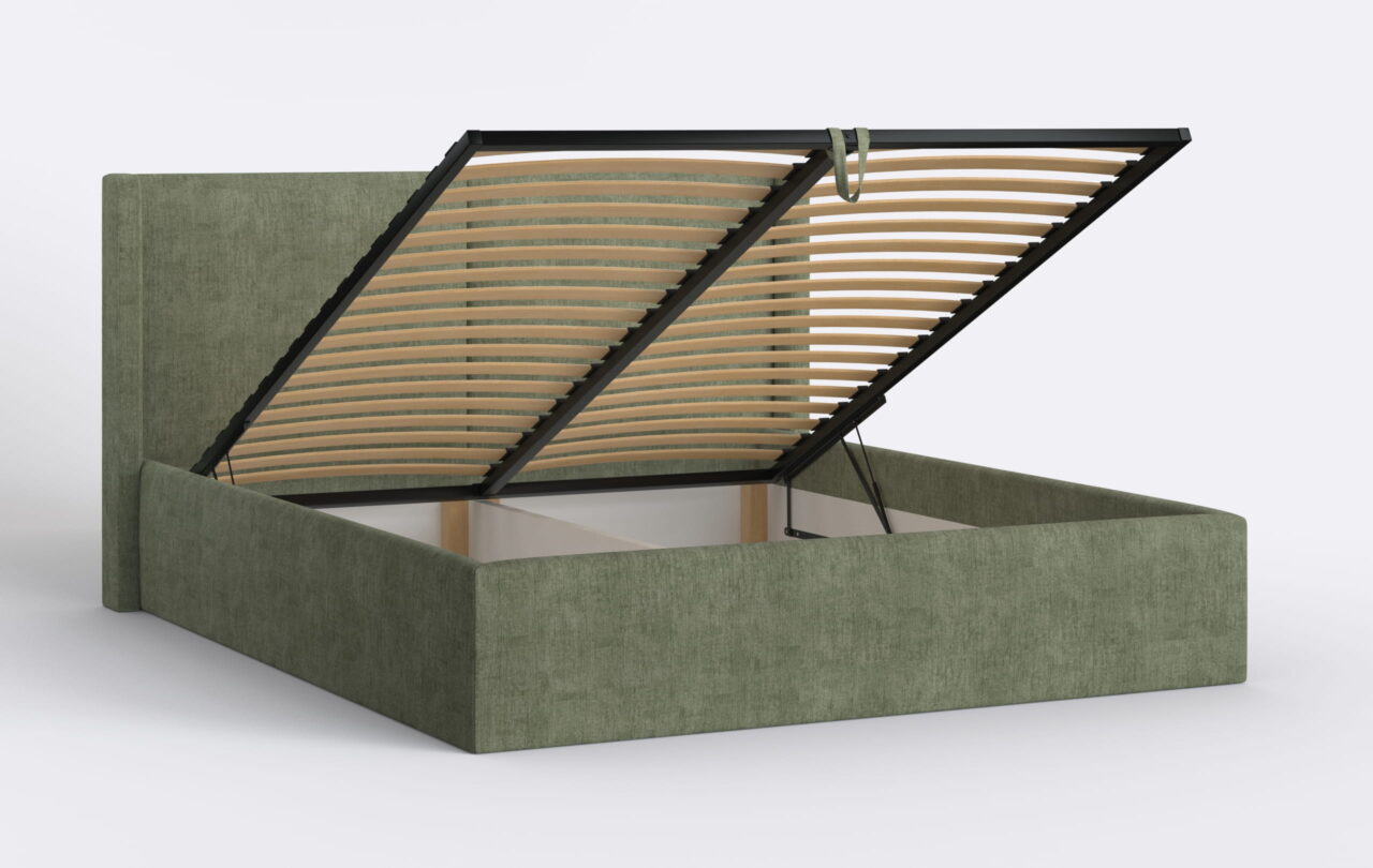 Nowoczesne łóżko do sypialni z metalowym stelażem, zielone.