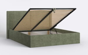 Nowoczesne łóżko do sypialni z metalowym stelażem, zielone.