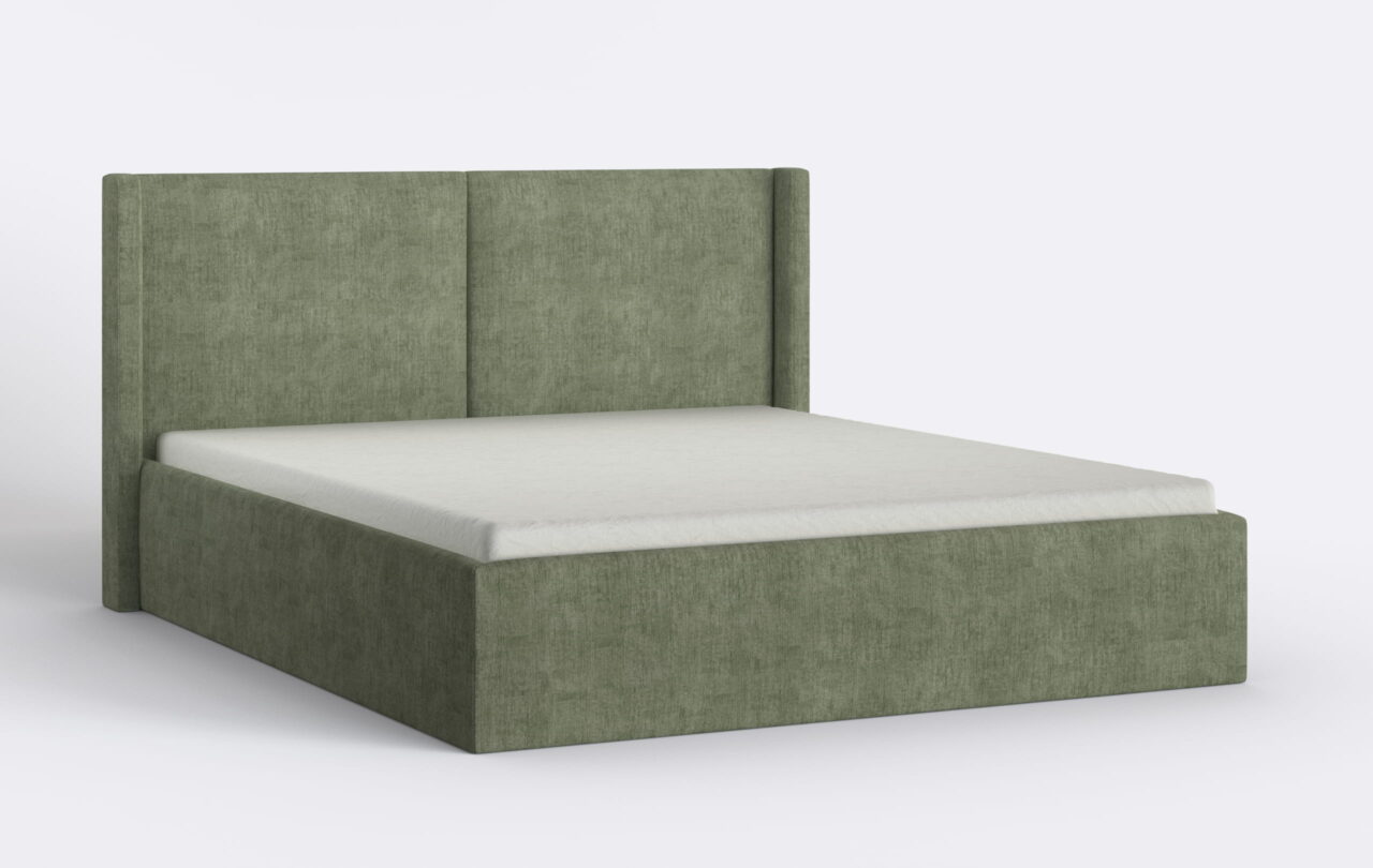 Zielone łóżko sypialniane z materacem, z pojemnikiem na pościel.