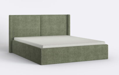 Zielone łóżko sypialniane z materacem, z pojemnikiem na pościel.