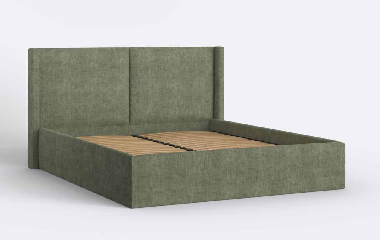 Zielone nowoczesne łóżko do sypialni z stelażem i pojemnikiem, łóżko z uszami.