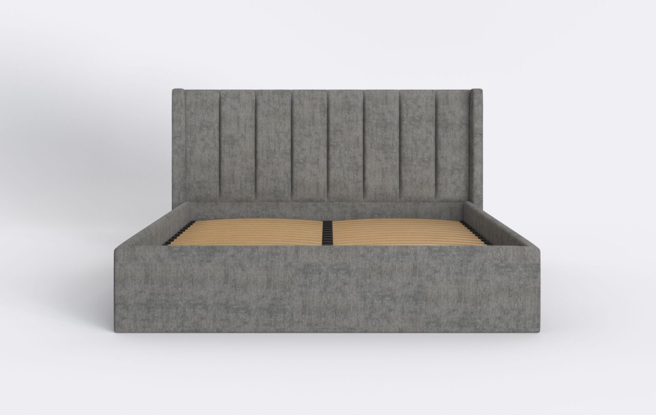 Nowoczesne łóżko tapicerowane w pasy, z pojemnikiem i stelażem.