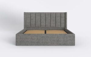 Nowoczesne łóżko tapicerowane w pasy, z pojemnikiem i stelażem.