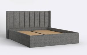 Minimalistyczne łóżko tapicerowane w szarym kolorze, z podnoszonym stelażem i pojemnikiem na pościel.