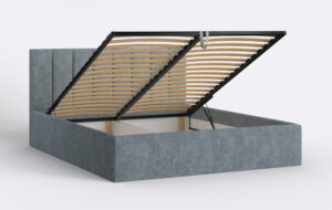 Nowoczesne łóżko sypialniane z podnoszonym stelażem i pojemnikiem na pościel.