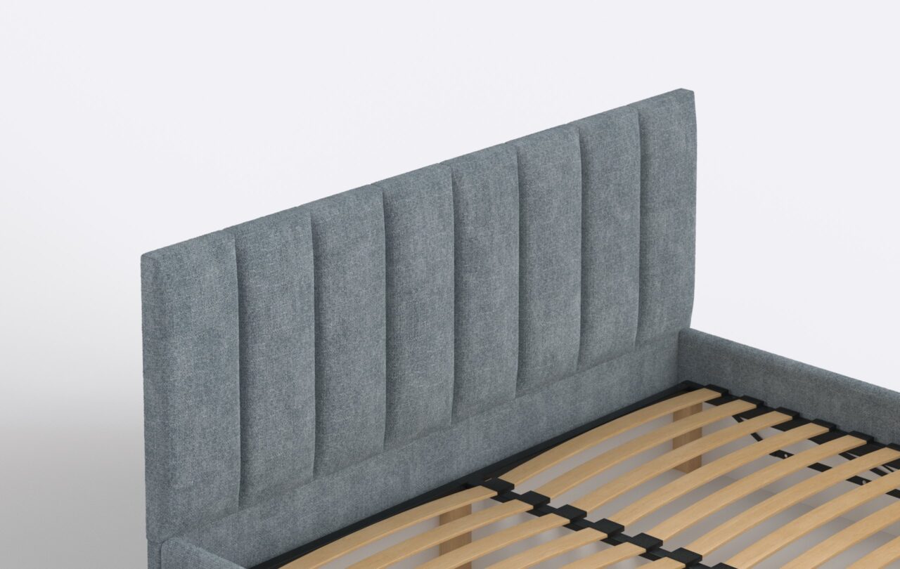 Wysoki zagłówek łóżka do sypialni, z paneli tapicerowanych.
