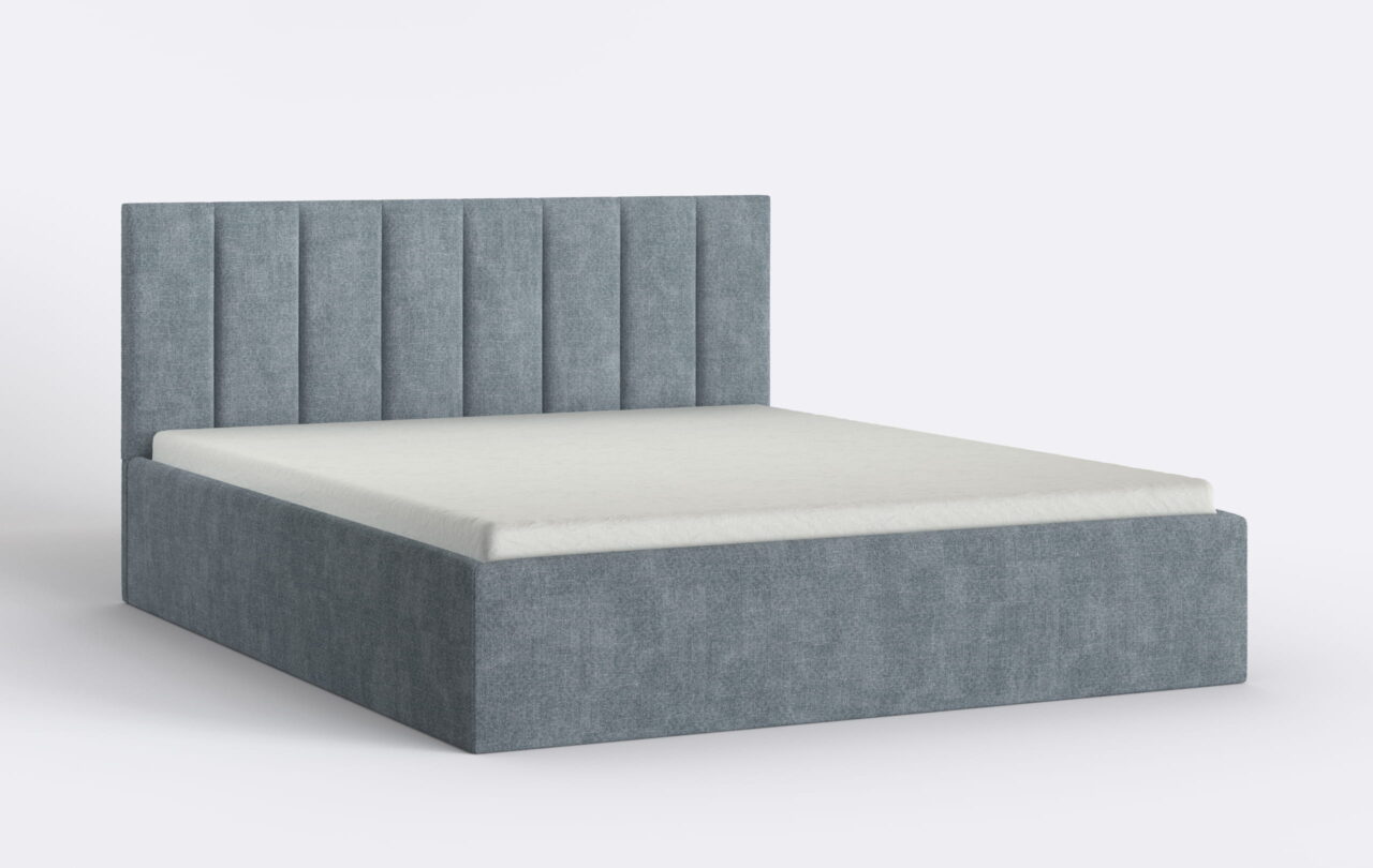 Nowoczesne łóżko w pasy z materacem, minimalistyczne, idealne do skandynawskiej sypialni.