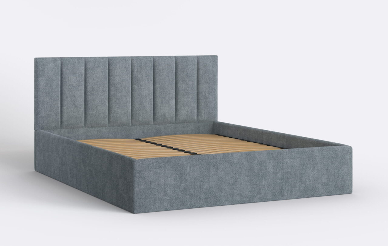 Łóżko w pasy do sypialni, bez materaca, w pasy, szaroniebieskie.