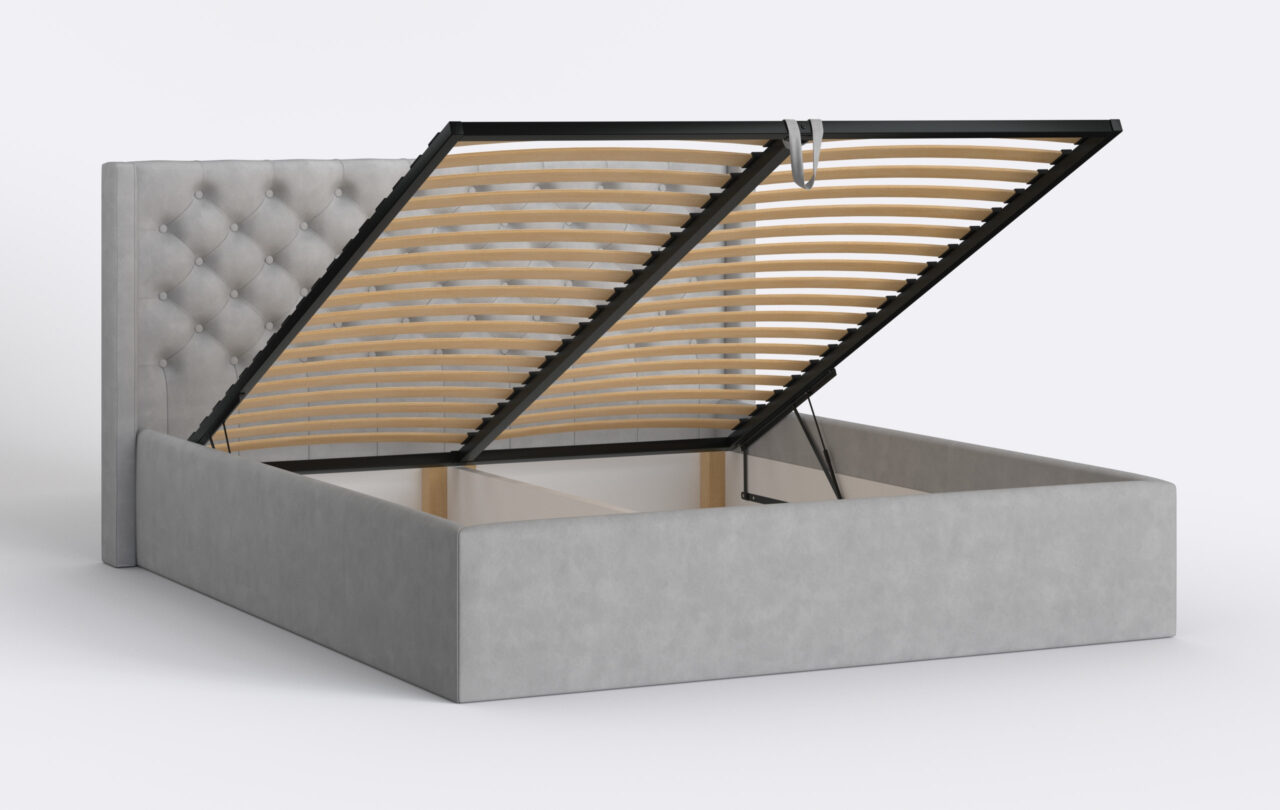 Szare łóżko tapicerowane z pojemnikiem na pościel.