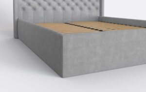 Łóżko czesterfild, pikowane, szary welur, do sypialni w stylu glamour.