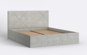 Szare łóżko tapicerowane z metalowym stelażem.