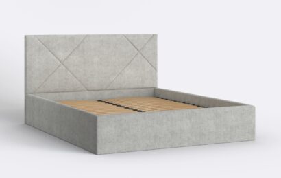 Szare łóżko tapicerowane z metalowym stelażem.