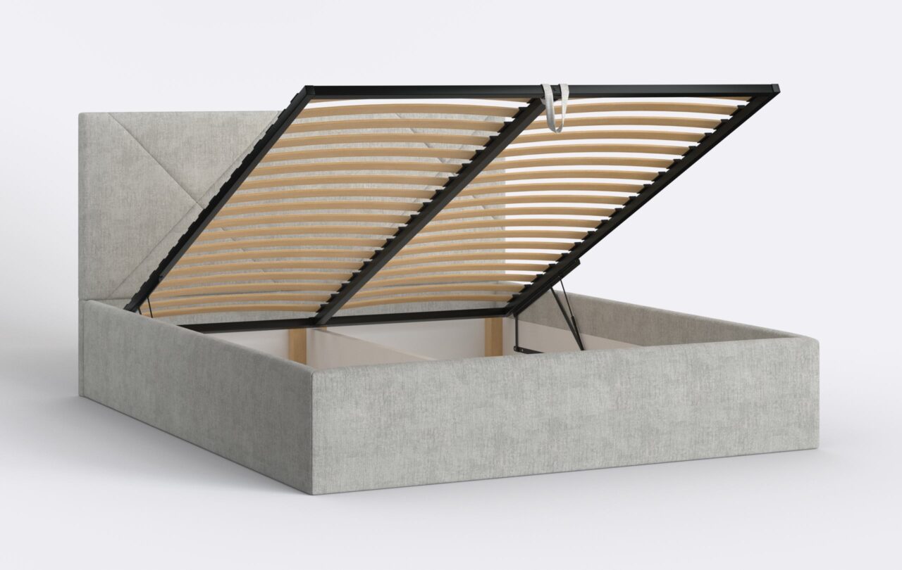 Łóżko tapicerowane z pojemnikiem na pościel i metalowym stelażem.