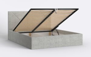 Łóżko tapicerowane z pojemnikiem na pościel i metalowym stelażem.