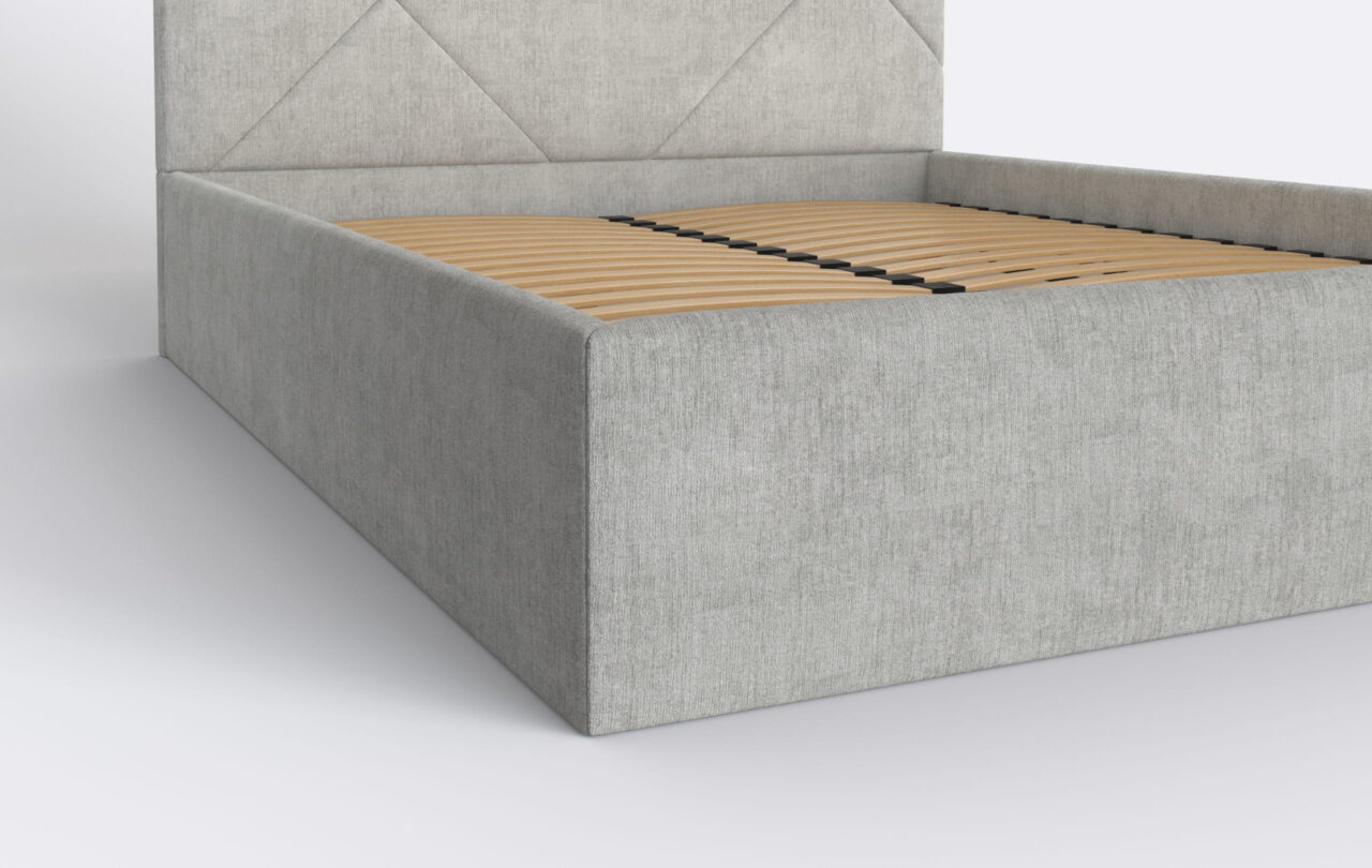 Łóżko do sypialni szare, całe tapicerowane.