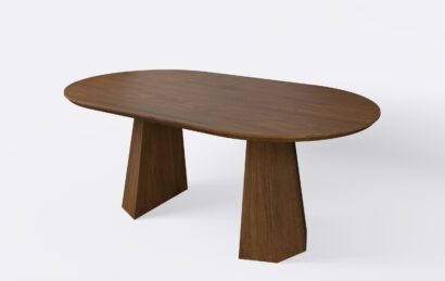 Stół owalny z możliwością poszerzania o dodatkowe wkładki, wykonany z naturalnego forniru, o ciemniej kolorystyce, minimalistyczny.