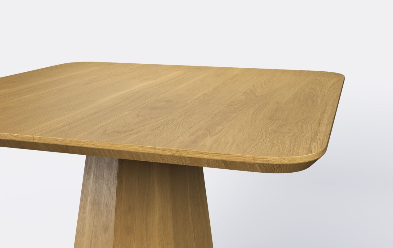 Obły kwadratowy blat stołu z funkcją rozkładania, na ośmiokątnej podstawie, dębowy, naturalny.