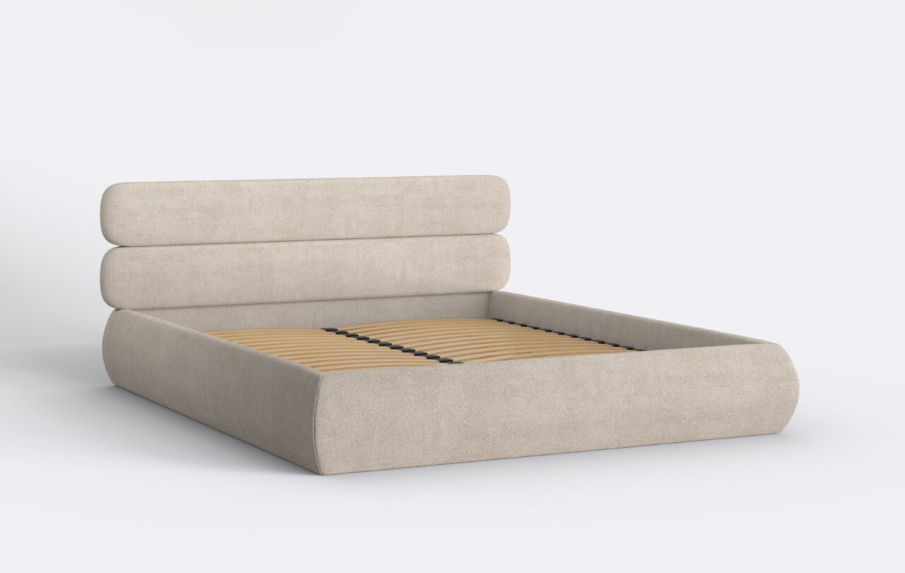 Obłe łóżko sypialniane z pojemnikiem na pościel, tapicerowane.