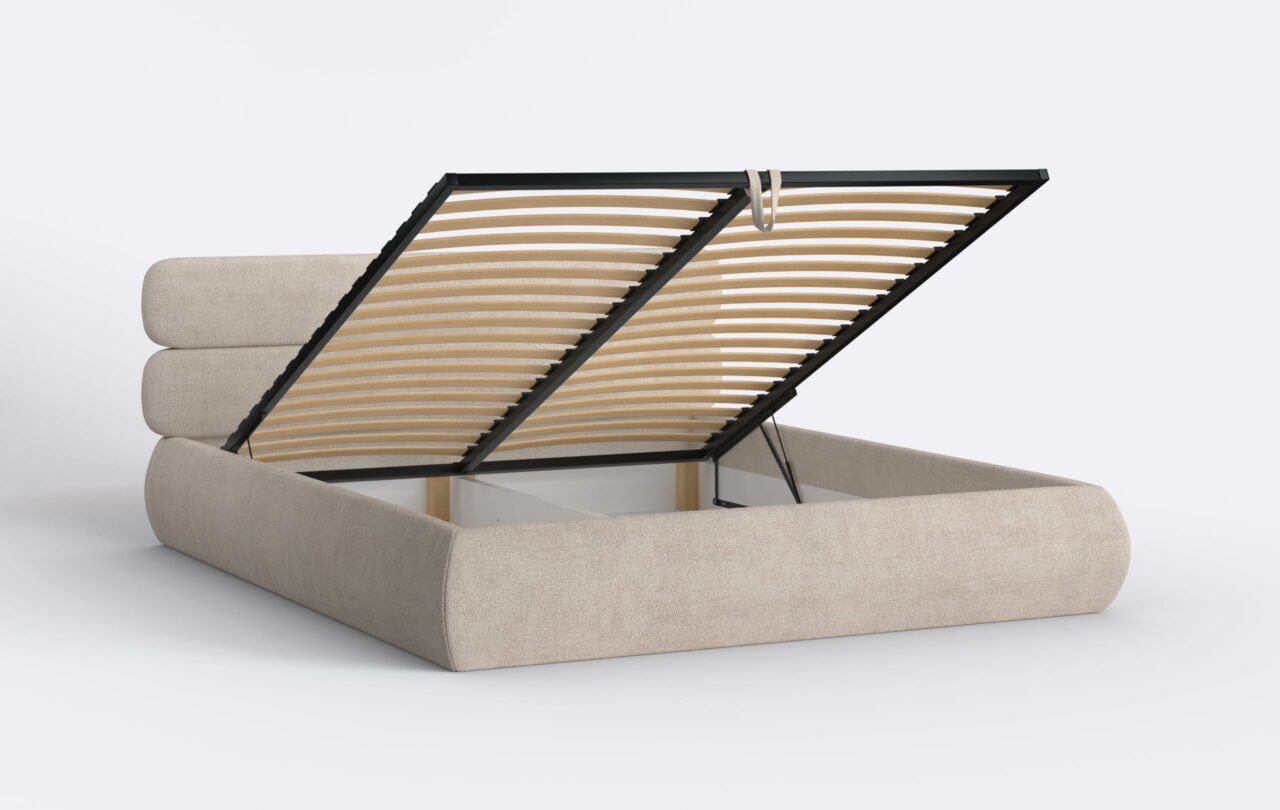 Łóżko do sypialni z podnoszonym stelażem, tapicerowane, beżowe.