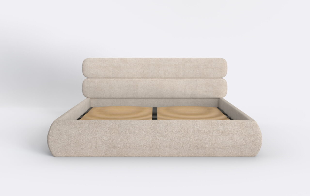 Beżowe łóżko tapicerowane z tkaniny boucle, designerskie.