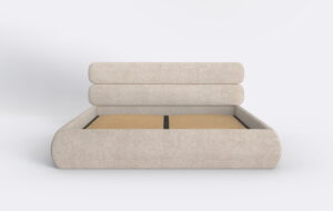 Beżowe łóżko tapicerowane z tkaniny boucle, designerskie.