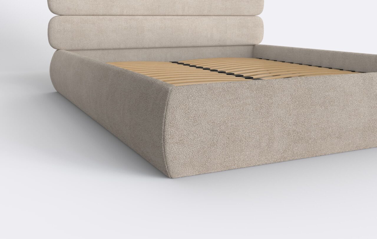 Beżowe łóżko boucle, do nowoczesnej sypialni.