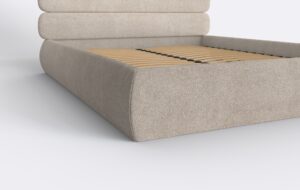 Beżowe łóżko boucle, do nowoczesnej sypialni.