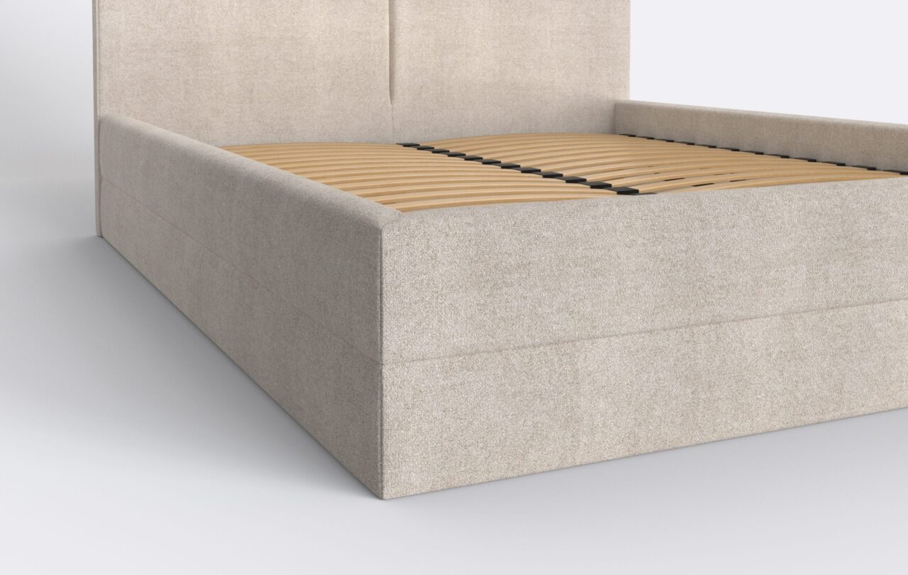 Tapicerowany bok łóżka, w dwóch elementach, z pojemnikiem na pościel.