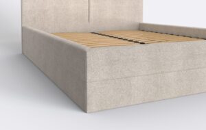 Tapicerowany bok łóżka, w dwóch elementach, z pojemnikiem na pościel.