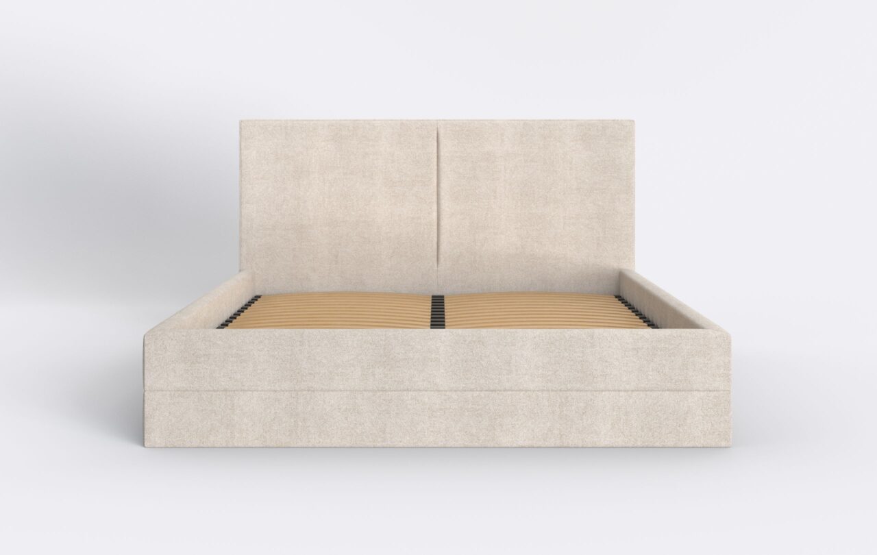 Jasne beżowe łóżko tapicerowane do sypialni z pojemnikiem.
