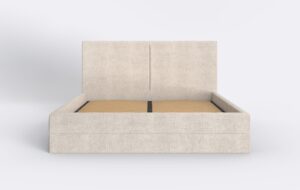 Jasne beżowe łóżko tapicerowane do sypialni z pojemnikiem.
