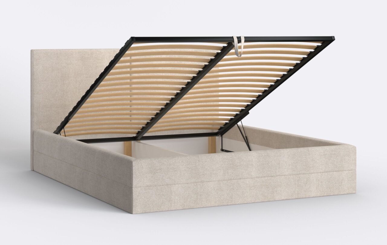 Jasne łóżko tapicerowane z podnoszonym stelażem i pojemnikiem na pościel, beżowe.