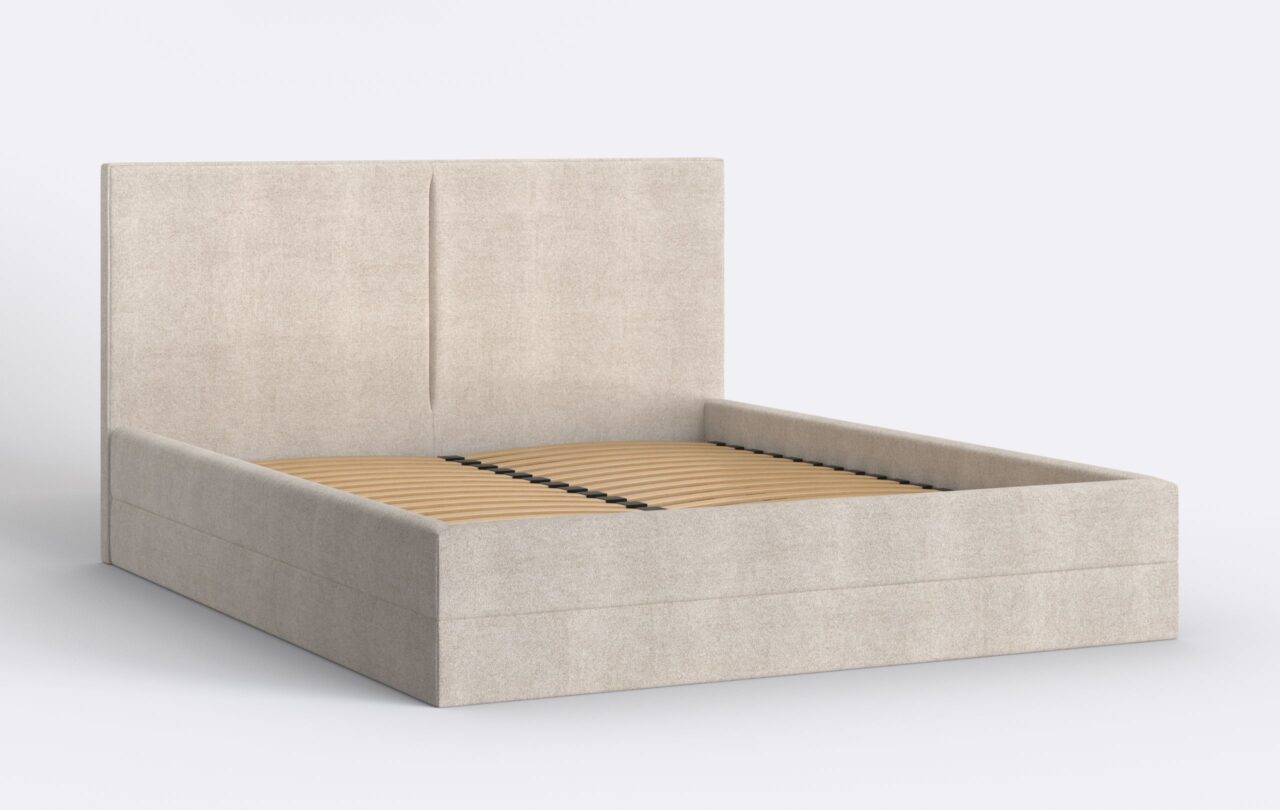 Łóżko sypialniane z wysokim wezgłowiem i metalowym stelażem.