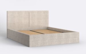 Łóżko sypialniane z wysokim wezgłowiem i metalowym stelażem.