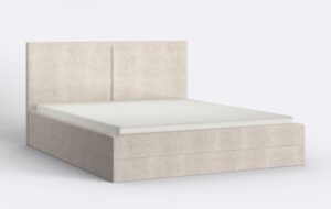 Łóżko beżowe z materacem, tapicerowane, w nowoczesnym stylu.