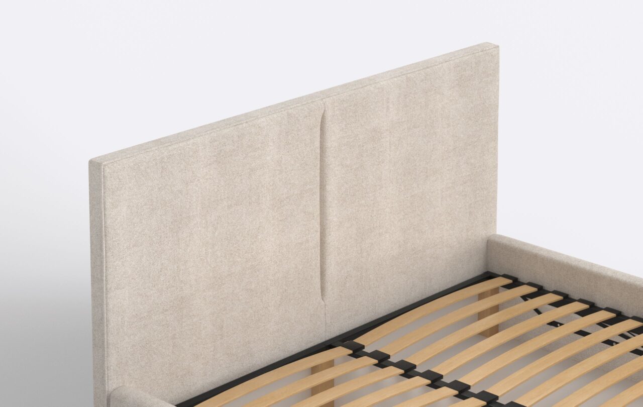 Wezgłowie beżowego łóżka do sypialni, minimalistyczne, tapicerowane.