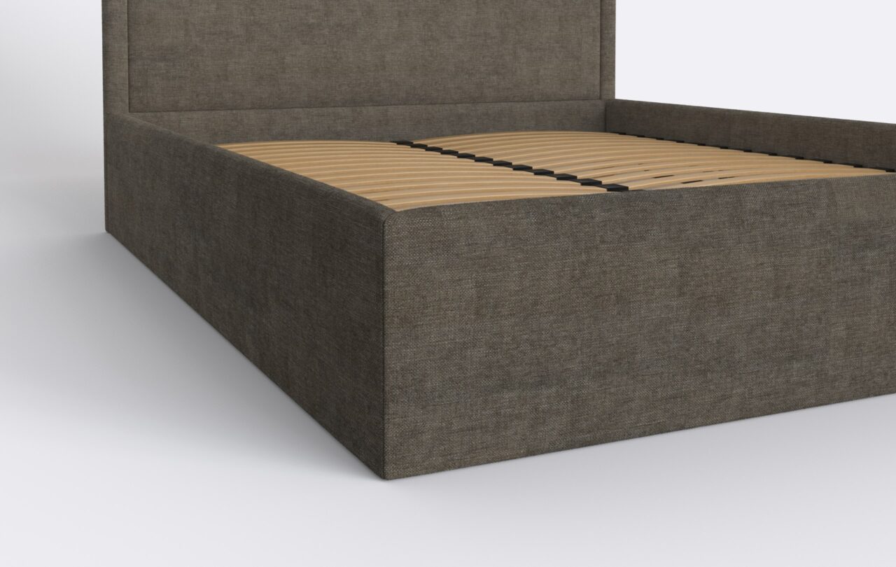 Łózko tapicerowane brązowe bez materaca, z metalowym stelażem i pojemnikiem.