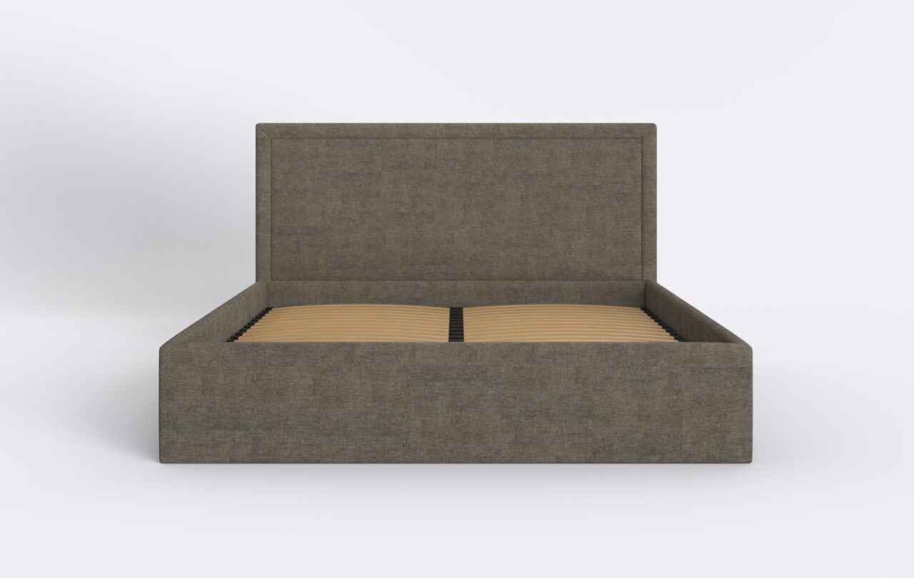 Front łóżka tapicerowanego w minimalistycznym stylu, ciemne, brązowe.