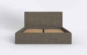 Front łóżka tapicerowanego w minimalistycznym stylu, ciemne, brązowe.