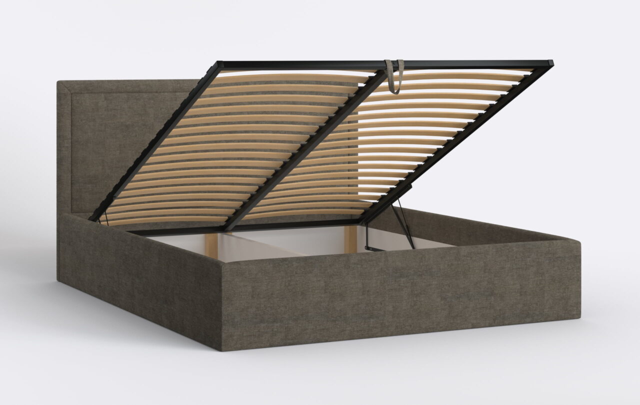 Nowoczesne łóżko do sypialni z podnoszonym stelażem, pojemnik na pościel.